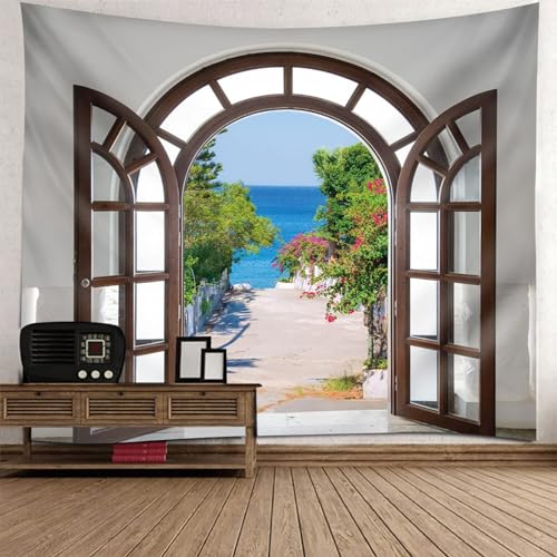 Epinki Tapisserie Wandbehang Braun Weiß Blau Grün, Natur Landschaft Wandteppich Fenster Meeresufer Baum Wandteppiche aus Polyester, Tapestry Geeignet für Wanddekorationskunst, 350x256cm