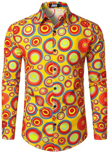 JOGAL Herren Regular Fit Floral Business Hemd Langarm Button Down Print Freizeithemd Gelber Kreis Groß