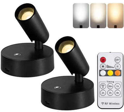 OTeedo 2 Pack Wireless Spotlights Indoor with Remote Up Lights Indoor Picture Light Battery Operated Spot Lights with 3 Color Dimmable Uplighting Indoor Stick on Wall Light for Plant Artwork Black