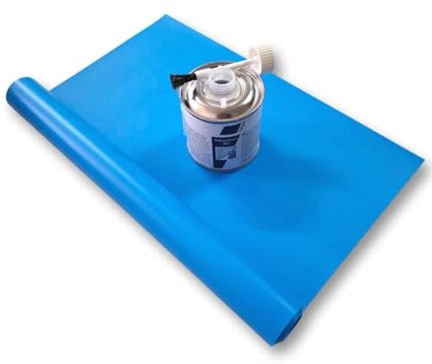 PVC Pool Reparaturset für ältere Pools PVC Poolfolie Kleber + Flicken (1x 70 x 140 cm Flicken + 1 x 1000 ml Sabacontact)