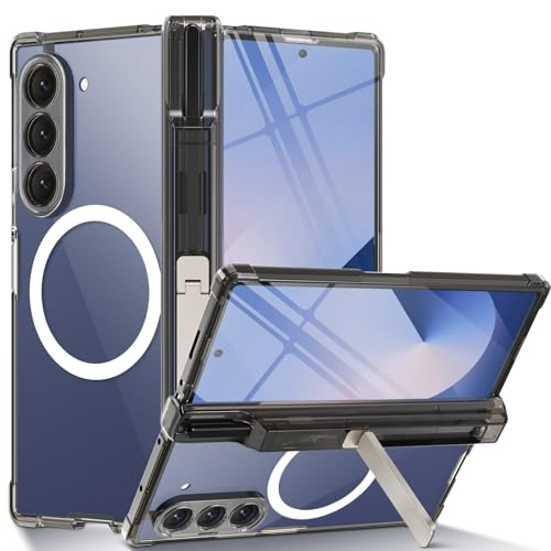 Beeasy für Samsung Galaxy Z Fold 6 Hülle, mit S Pen Stifthalter & Ständer & Vorderseite Displayschutz, Hart PC Stoßfeste Magnetische Handyhülle, Transluzent Schwarz