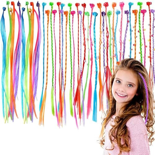 LUFFLOK 42 Stück Bunte Haarsträhnen Kinder mit Haarclips, Haarverlängerung und Haarflecht, Haarsträhnen zum Einklipsen aus Kunsthaar zum Einflechten, Party Zubehör für Mädchen und Kinder (42 Stück)