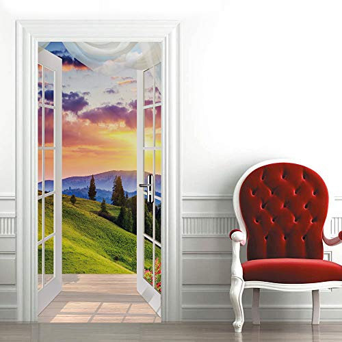 3d Türtapete Selbstklebend Fenster-Ansicht Türposter Fototapete, Schlafzimmer Wohnzimmertür Aufzug Tür Aufkleber B77 x H200cm