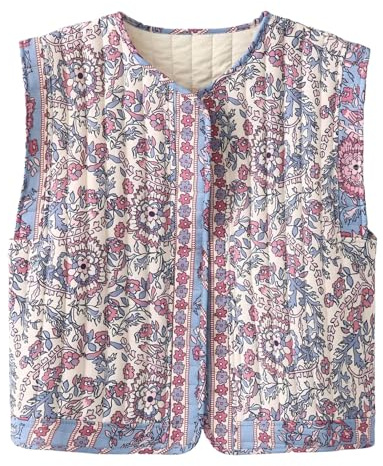 Generisch Veste matelassée en duvet pour femmes avec motif fleuri, courte, légère, sans manches, veste rembourrée en duvet pour femmes Gilet en fourrure Noir Gilet en fourrure, bleu, S