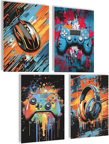 mojoliving Gaming Zimmer Deko Bilder Poster Wand für Gamer Jugendzimmer Set mit Neon Sign Motive | Coole Geschenke für Gamer Zocker Bilder Wand Neon Wandbild