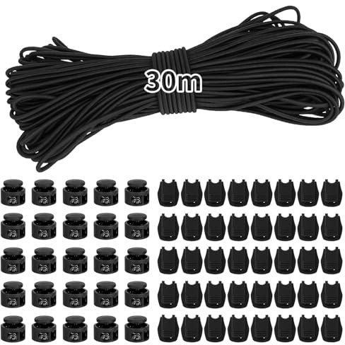 30M Cordon élastique en nylon de 30 m avec cordon élastique pour bâche de remorque, lacets en caoutchouc, cordon élastique extensible avec cordon de serrage, sac à dos, lacets, boucle à ressort