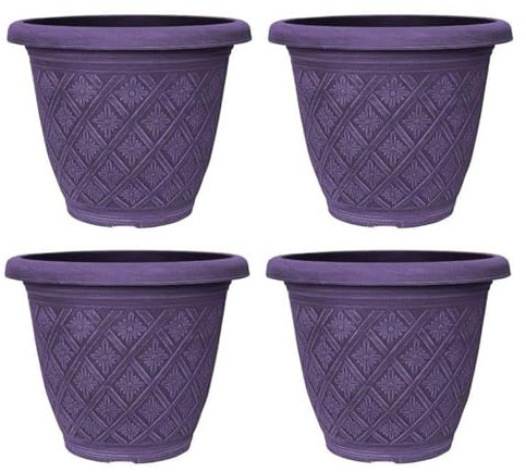 Fyne-Finds Set of 4 Round 33cm,13inch Garden Plant Pot 11Liters Woven Flower Outdoor Decor Planter Frost Proof, Weatherproof, Drainage Hole (Purple)