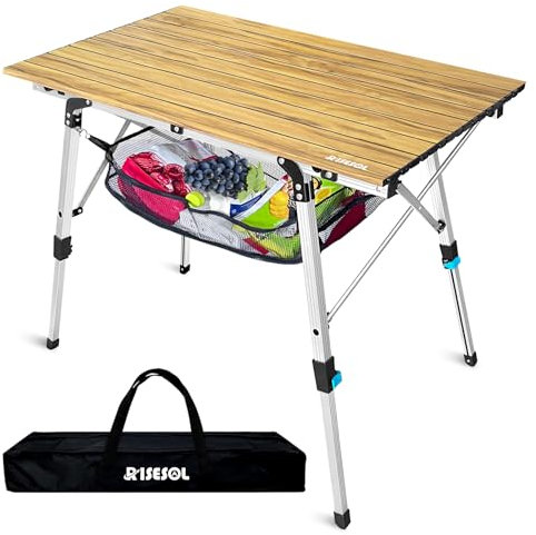 RISESOL Table de Camping Pliante 46-68cm Hauteur Réglable Table de Pique Nique Pliable en Aluminium avec Filet de Rangement Sac de Transport pour Exterieur Voyage Plage Pêche BBQ