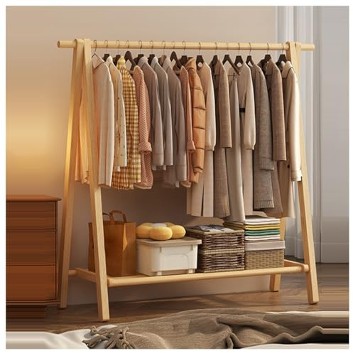BEARQUN kleiderständer holz Garderobe, Faltbare Vintage Garderobenständer holz, Stand Kleiderständer mit ablage und 2 Haken, kleiderstange freistehend, Natürliche Buche, Hoch : 150CM