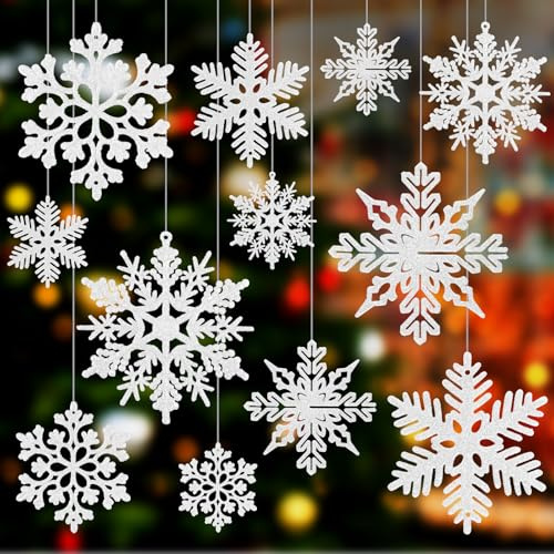 Chlorine 52 Pcs Weiß Glitzer Schneeflocken Ornamente, Schneeflocken Dekoration für Weihnachtsbaumschmuck, Fenster Tür Zubehör, Silvesterparty Dekorationen