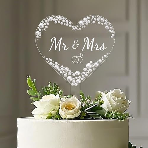 Coucoland Mr and Mrs Wedding Cake Topper Heart Pearl and Rhinestone Decor