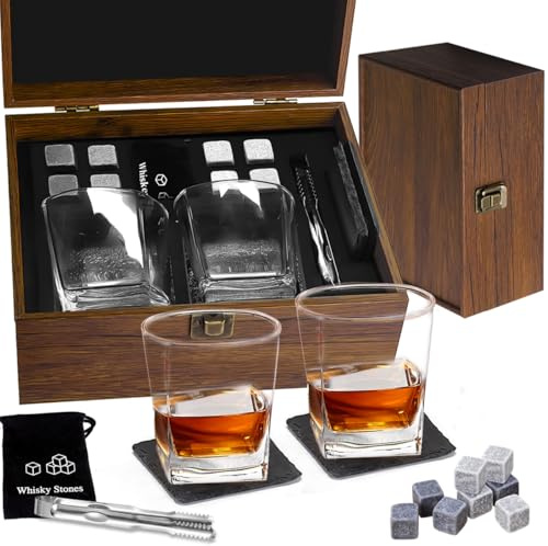 cailion Whiskyglas Geschenkset,Whisky Geschenkset für Männer,Whiskey Gläser Steine Set,Kristall Whisky Gläser Holzbox Geschenk,Geburtstagsgeschenke für Männer (Whiskey Set01)