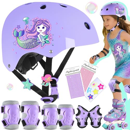 Sirène Casque Vélo Enfant Ajustable Genouillères Enfant Ensemble de Protections équipement de Protection de Sport Genou Coude Poignets pour Skateboard Roller Scooter Patins Trottinette