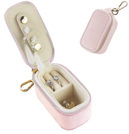 MultiValue Mini Boite a Bijoux, Portable Boite a Bijoux Voyage avec Porte-Clés, Velours Petite Boitea Bijouxpour Colliers Boucles d'Oreilles Bagues