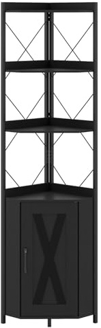 GIANTEX Eckregal Stehend mit Schrank & 6 Ebenen, 180 cm Hoher Eckschrank mit 5-stufig Verstellbarem Regal, Freistehende Eckvitrine mit Tür, Aufbewahrungsregal Industrial (Schwarz)