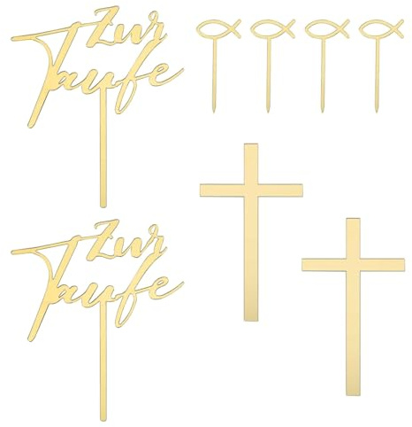 AVUELOI Tortendeko Taufe, 8 Stück, Kreuz Cake Topper Taufe, Tortendeko Junge Mädchen, Babyshower Kuchen Dekoration, Acryl Gold Torte Deko, Fisch Kommunion Cupcake Topper
