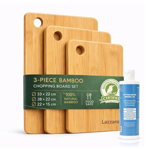 Lazzaro Bamboo Chopping Board Set of 3 - Pre-Oiled Wooden Cutting Boards for Kitchen with 250ml Food-Grade Mineral Oil - Double Sided Meat Chopping Boards