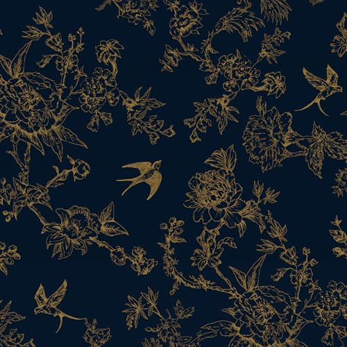 HueBurst Peel and Stick Wallpaper 17.3x80 Navy Gold Birds Floral Wallpaper Dark Blue Vintage Wall Paper Removable Boho Self Adhesive Contact Paper for Bedroom Bathroom Vinyl
