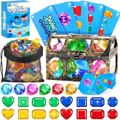 Diving Toys for Kids, Seek Treasure Underwater Pool Gem Hunt Pool Game with 60PCS Sinking Gems, Pirate Treasure Chest, 35PCS Game Cards, Summer Swimming Pool Toys for Toddlers Kids Age 3-10