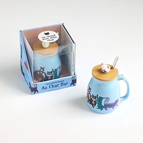 Coffret Mug Une petite pause au Chat Bar, un mug géant en porcelaine avec couvercle en bambou et cuillère en métail, un livre de recettes de petits gâteaux