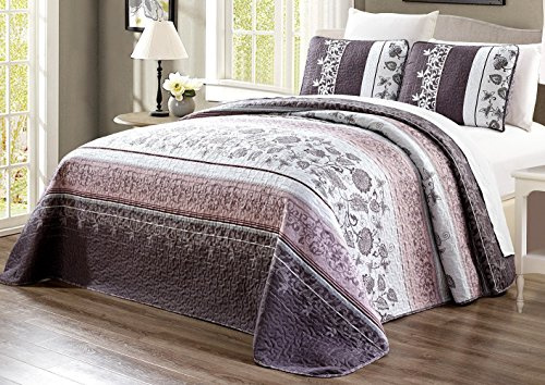 Grand Linen - 3-Piece Oversize (100 X 95) Fine Printed Prewashed Quilt Set Reversible Bedspread Coverlet Full/Queen Size All-Season Bed Cover (Purple. Grey, Brown, White, Floral)