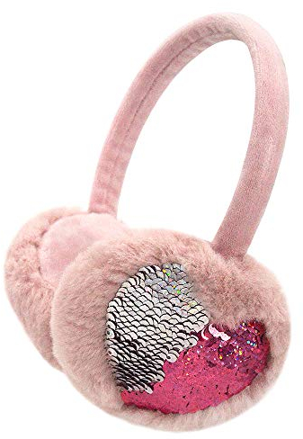 Mädchen Ohrenschützer Pailletten Kinder Winter Warme Ohrenschützer in Plüsch und Flip Pailletten Design Rosa verstellbare Ohrenschützer für Mädchen Süße Flauschige Ohrwärmer, Herz Pailletten, S
