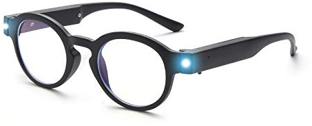 SKYWAY Lesebrille mit LED-Licht, Runde Lesebrille, Blaulicht Schutzbrille Spielbrille mit USB Wiederaufladbare fur Frauen Männer, Blendschutz UV-Schutz, Schwarz