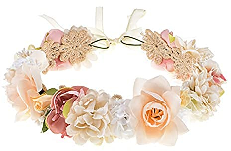 Blumenkrone Blumenkranz Haare für Frauen Hochzeit Party Damen Haarband Blumen Mädchen Rose Blumenkopf Tragen Mit Band Mutterschaft Photo Requisiten (Golden)