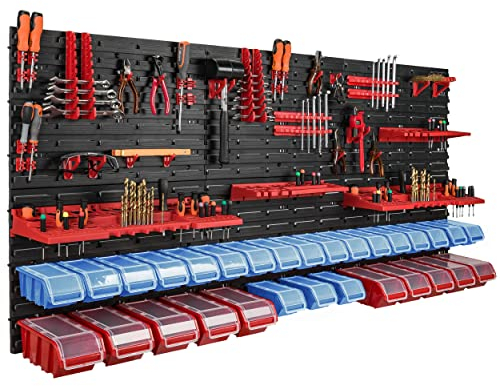 30 cajas apilables de pared con tapa de plástico, 178 x 78 cm, soporte para herramientas, taller, garaje, sistema de almacenamiento