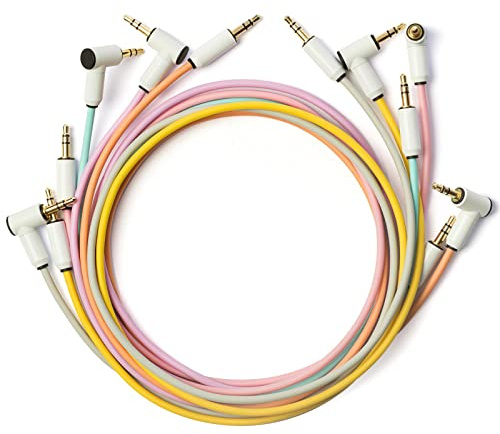 MyVolts Candycord audio cables, 6-pack, straight mini jack to angled mini jack, 70cm, colours: Sunset Peach, Marshmallow Pink, Jellybean Purple, Powder Grey, Mint Green, Pineapple Yellow