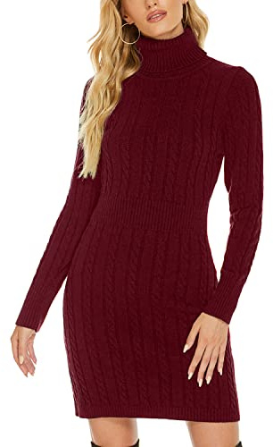 QUNERY Vestito Donna Invernale Elegante,Abito in Maglia Manica Lunga Collo Alto per Autunno,Vestiti Maglione Elasticizzato Casual