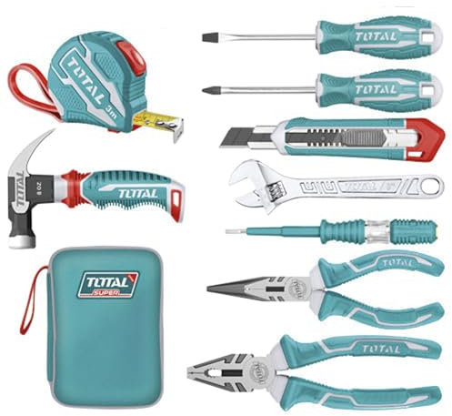 TOTAL - Juego de 9 Herramientas en Estuche de Lona - Flexómetro - Destornillador Phillips y Plano - Llave Ajustable - Alicate Boca Plana y Universal - Cutter - Destornillador Tester - Minimartillo