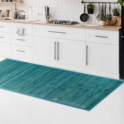 CosìCasa Bambusmatte Badematte Holz rutschfest | Nachhaltiger Bambusteppich, Küchenläufer, Duschvorleger | rutschfeste Badematte Bambus | Holzmatte für Bad & Küche (Einfarbig Blau, 50 x 200 cm)