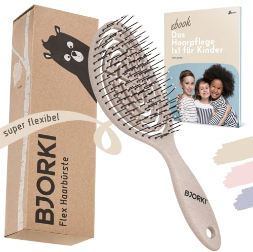BJORKI® Kinder-Haarbürste ohne Ziepen inkl. lehrreichen Bürsten 1x1 - Profi Detangler Bürste mit flexibler Spiralfeder, Unsere Entwirrbürste für Kinder gegen Knoten und Spliss (Creme)
