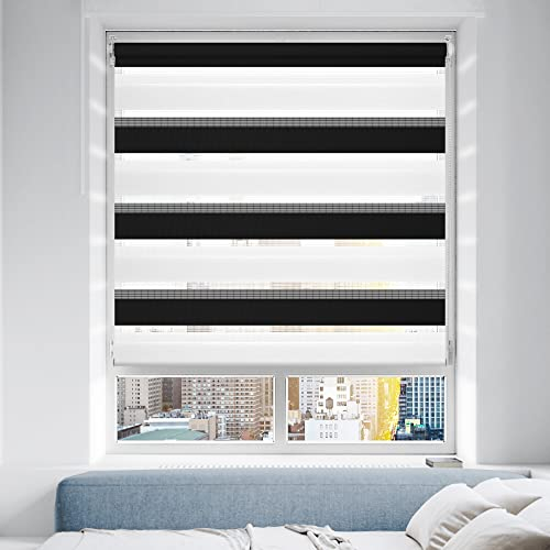 Doppelrollo Klemmfix ohne Bohren/mit Bohren, Duo Rollos für Fenster & Tür Schwarz-Weiß 80x130 (BxH) Lichtdurchlässig & Verdunkelnd Klemmrollo Fensterrollo Sonnenschutz Duo Rollo
