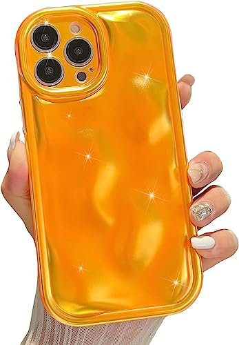EYZUTAK Case for iPhone 12 Pro Max, 3D Laser Water Ripple Holographic Pleats Irregular Waves Shape Cute Bling Glitter Luxury Phone Case Soft Silicone Bumper Cover for Girls Women - Fluorescent Orange