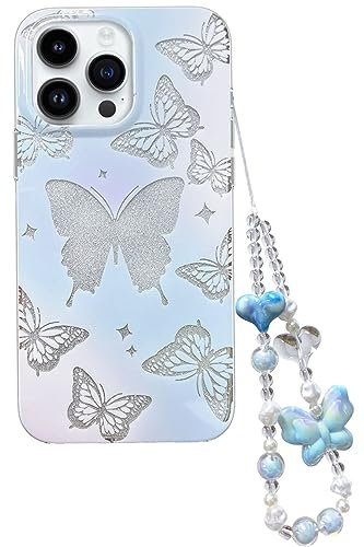 Efitoo Designed for iPhone 13 Pro Max 6.7 inch Case Glitter Cute Clear with Design Butterfly with Strap Wrist Bling Sparkle Purple Blue Aesthetic Protective Glossy Phone Cover Case Women Girls