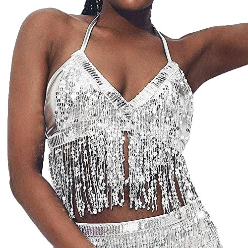 Pailletten Oberteil Damen Bauchtanz Top Kostüm Sexy Pailletten Crop Top Tanktops BH mit Festival Glitzer Fransen Quasten Ärmellos Shirt Glitzer Tanzkleidung für Karneval, Faschingskostüme (Silver, A)