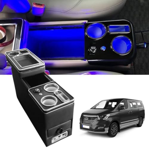 Katsiro Caja de Almacenamiento para Consola Central Compatible con VW T5 T6 T6.1, Consola Central Caja Universal con Portavasos, Puerto USB, Luces LED, Encendedor de Cigarrillos