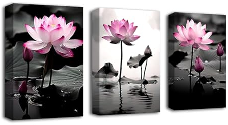 CXHOSTENT Lotusblumen Leinwand Wandbilder 3-teilig Schwarz Weiß und Rosa Seerosen Kunstdrucke Zen Blumenbilder für Yoga Spa Badezimmer Dekor (C, 28.00 x 35.00 cms x 3PCS)