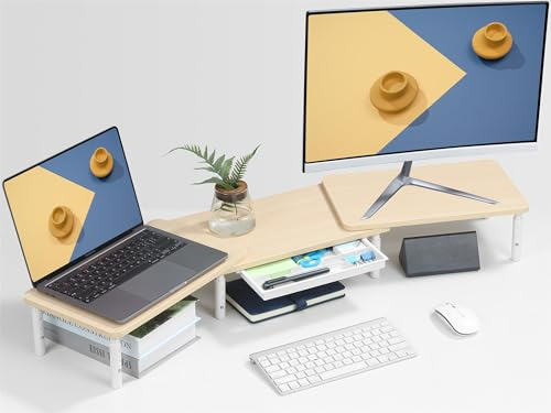 ETHU Supporto per Doppio Monitor Stand Riser e Smartphone, Lunghezza Regolabile e Angolo di Rotazione in Legno, Organizer da Tavolo, accessori da ufficio, regolabile in altezza