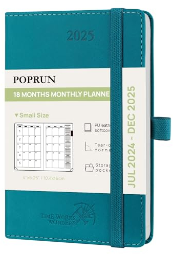 POPRUN Kalender 2025 Monatsplaner A6 (Jul.2024 - Dez.2025) - 18 Monate Monatskalender Softcover 16 x 10,5 cm - 1 Monat 4 Seiten, mit PU-Leder, 100 GSM Papier - Pazifikgrün