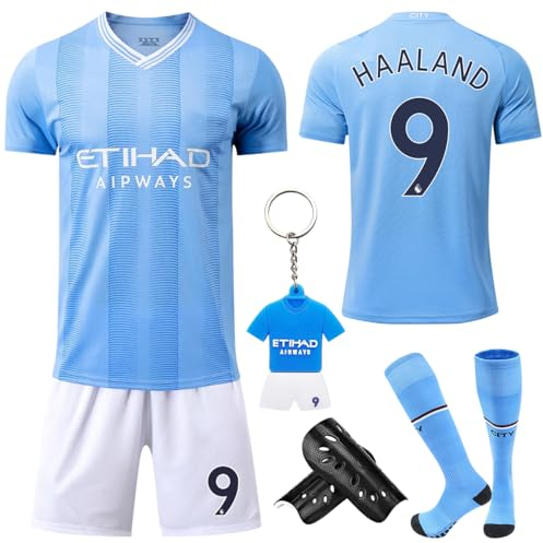 Fußballtrikot für Kinder,Nr.7/Nr.9 Kinder Fußball Trikot Set,mit Trikot,Shorts,Socken,Knieschoner und Schlüsselanhänger,23/24 Neues Fussballtrikot,für Kinder und Jugendliche (Nr.9, 26(10-11 Jahren))