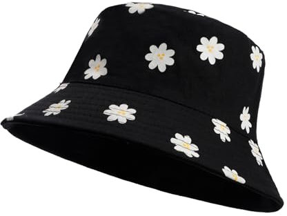JJDreams Wendbarer Fischerhut mit Gänseblümchen-Druck Hut schwarz Sonnenhut Damen Trendy Bucket, Fischerhut Damen