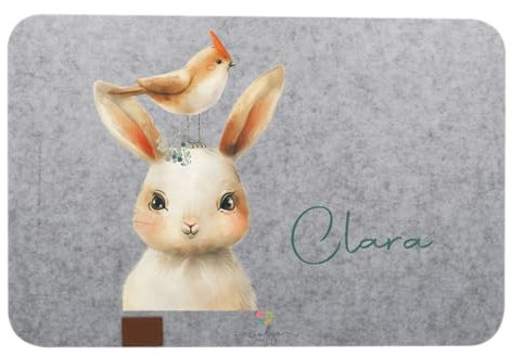 wolga-kreativ personalisiertes Tischset Filz Platzdeckchen Platzset für Kinder und Kleinkinder Mädchen Junge Hase Tiere mit Namen Bedruckt Geschenk Taufe Geburt Einschulung
