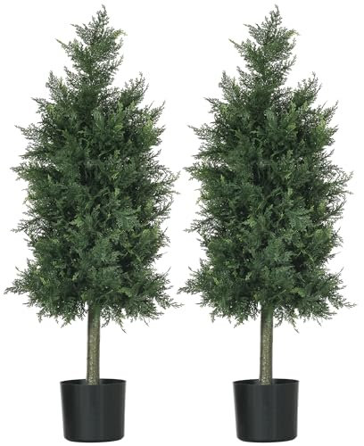 HOMCOM Lot de 2 Plantes artificielles Cèdre Arbre Artificielle intérieur et extérieur avec Pot, Hauteur 90 cm, Conifère, 38L x 12,5l x 90H cm Vert