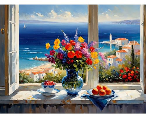 Gemartmall Blume Malen Nach Zahlen Erwachsene-Fensterbank Blume Malen Nach Zahlen für Erwachsene,Meerblick Acrylfarbe Malen Nach Zahlen Erwachsene Set zur Geschenk und Heimdekoration (30x40cm)