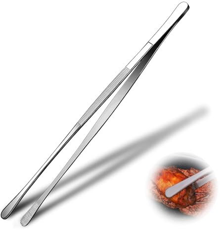 Kitchen Long Tweezers - 30cm/12 Inch Stainless Steel Cooking Tongs for Chefs, Barbecue, Food Serving - Straight Food Clip, Ergonomic Handle, Dishwasher Safe