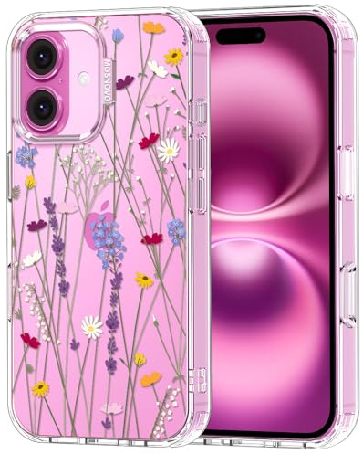 MOSNOVO Case for iPhone 16, [Buffertech 6.6ft Military-Grade Drop Protection] [Anti Peel Off Tech] Clear TPU Bumper Phone Case Cover Design - Floral Garden