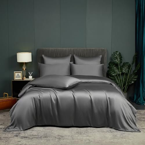 DXHOME Bettwäsche Sommer 200x200cm Grau Dunkelgrau Uni Glatt Bambus Bettwäsche-Set Kühlende Weiche Kuschelig und Atmungsaktiv Deckenbezug Luxus Bettbezug mit Reißverschluss und 2 Kissenbezüge 80x80cm